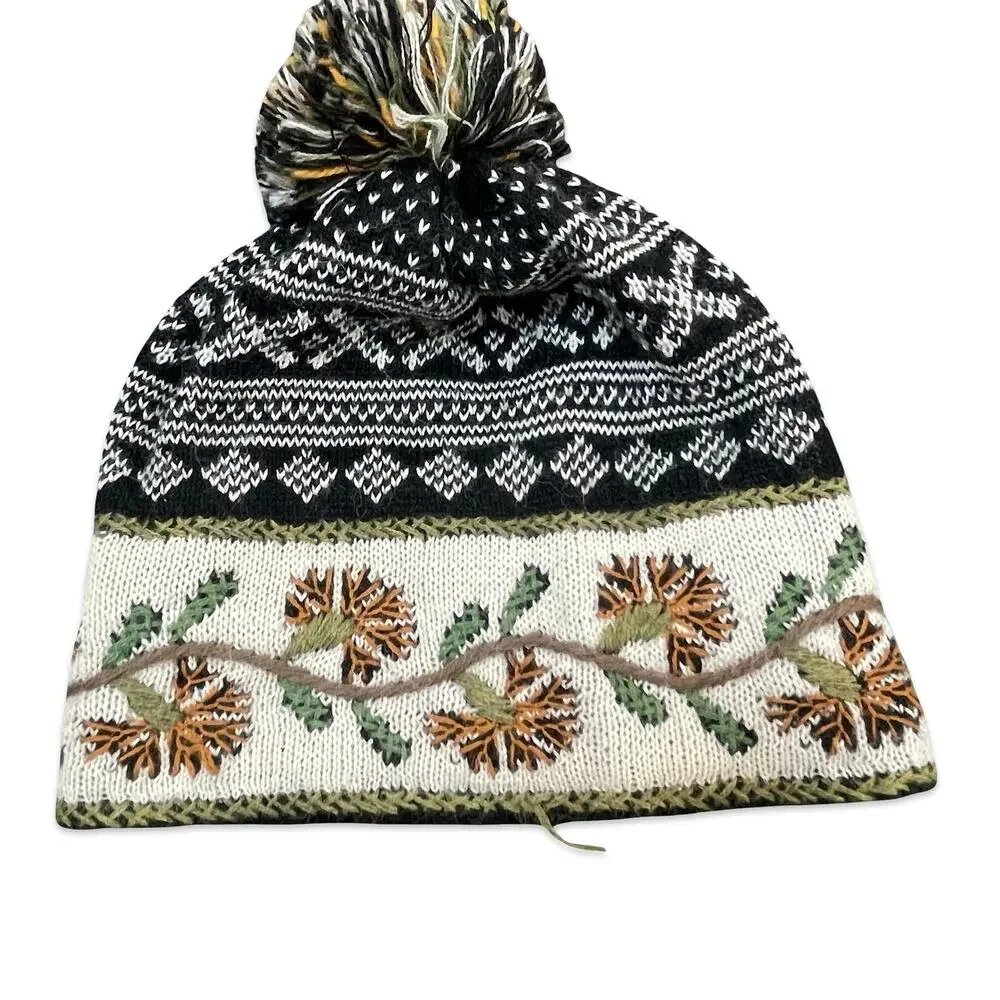 Peruvian Link Alpaca Knit Pom Pom Beanie Hat Black Cream Floral Fair Isle Boho